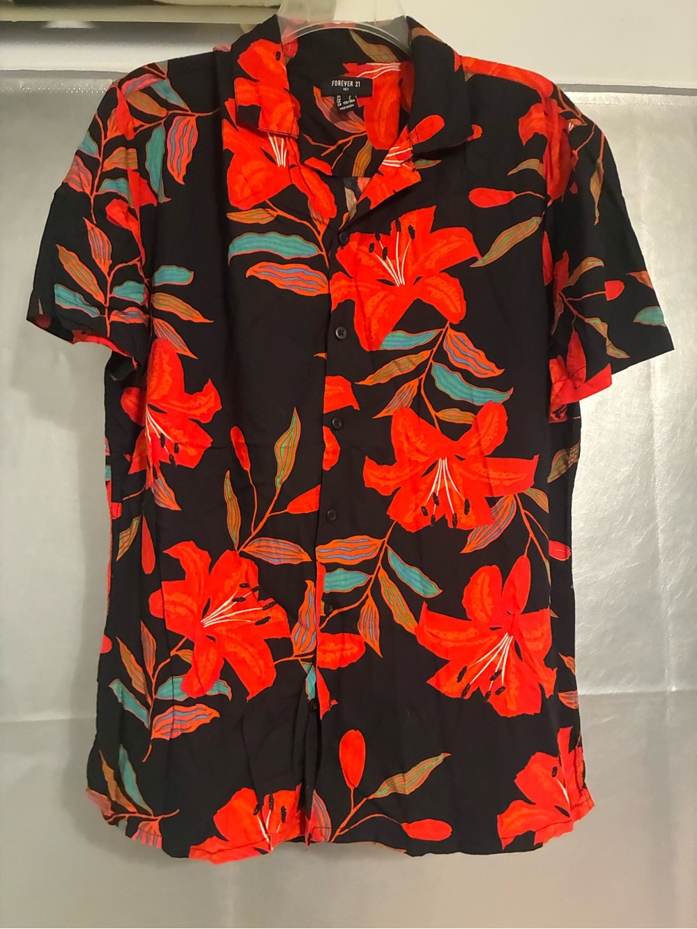 Forever 21 Black Button-Up Shirt with Bright Red Floral Print